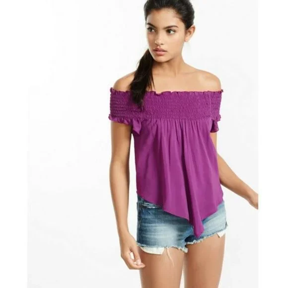 Express XS Purple Smocked Off The Shoulder Blouse asymmetrical hem top (0-2) - Picture 2 of 8